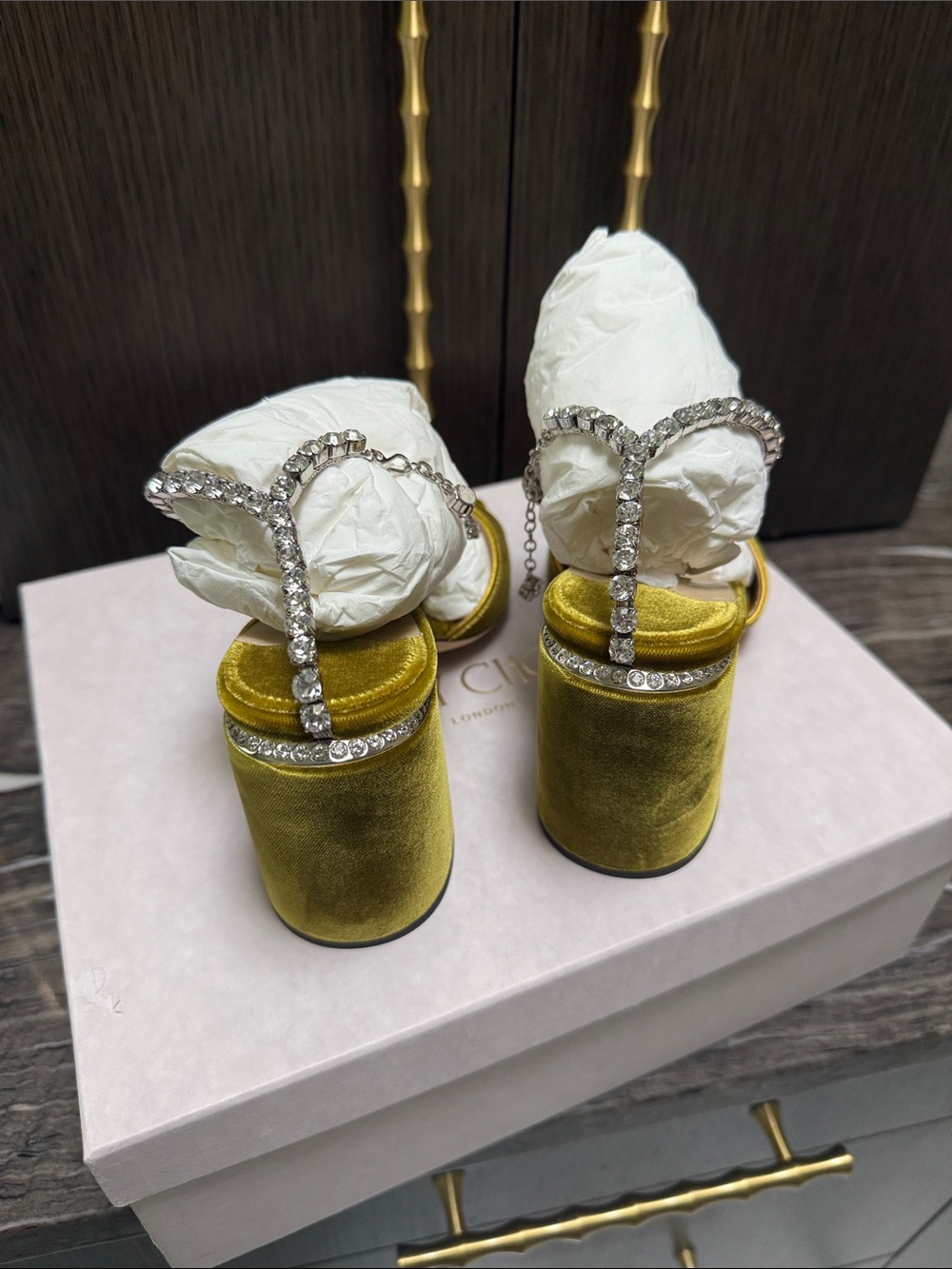 Jimmy Choo Olive Velvet Block Heel Saeda Embellished Sandals NEW - Picture 5 of 17